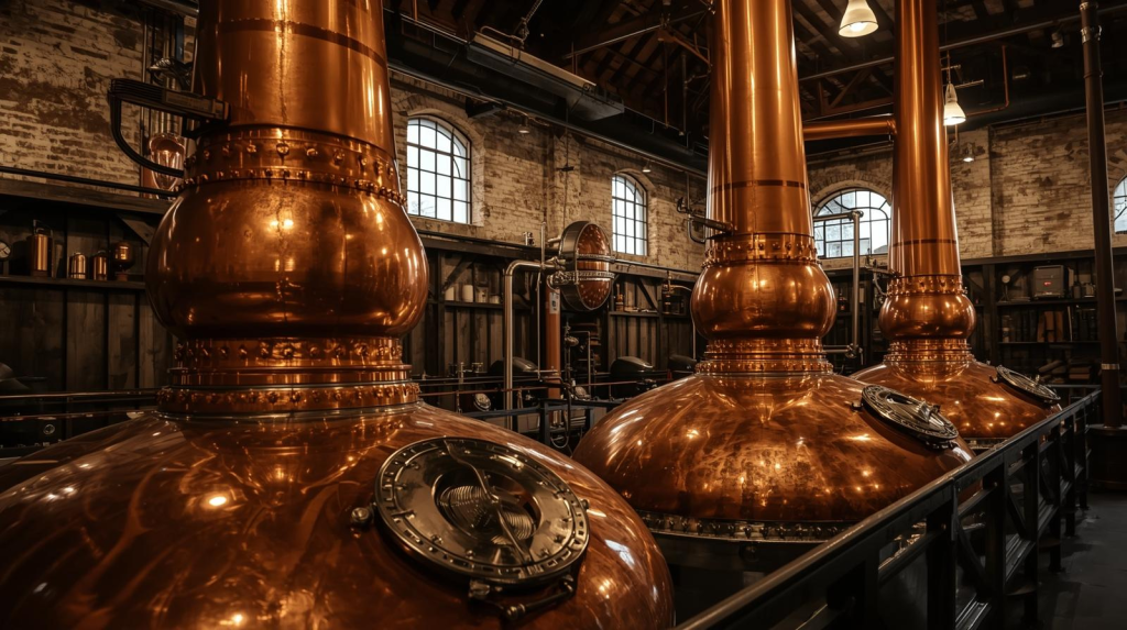 Copper stills used to make Irish whiskey and beer, representing Ireland’s drink heritage.