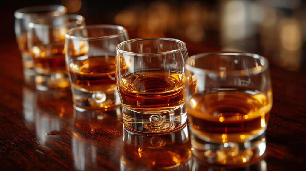 Irish whiskey tasting flight featuring Bushmills, Jameson, and Tullamore Dew.