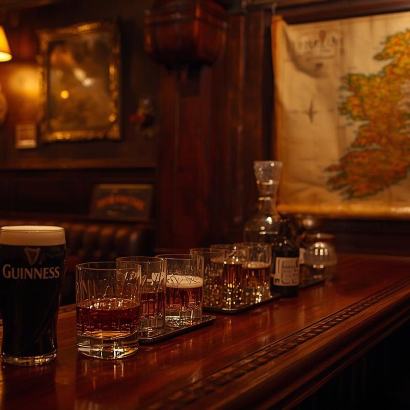 Irish pub scene with pints of Guinness and whiskey glasses, representing Irish whiskey and beer heritage.