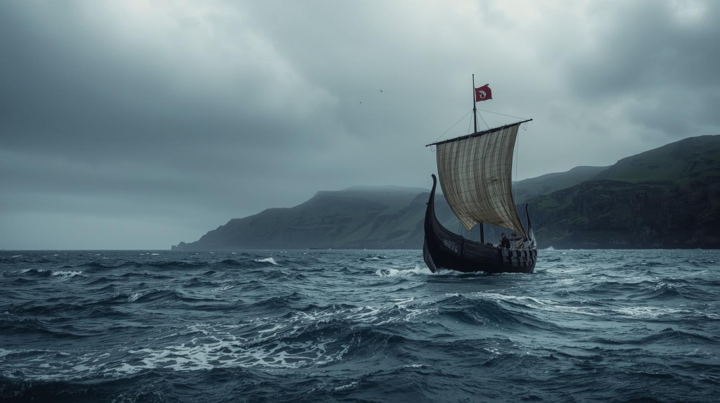 Replica Viking longship sailing the stormy Irish coast, representing Vikings in Ireland.