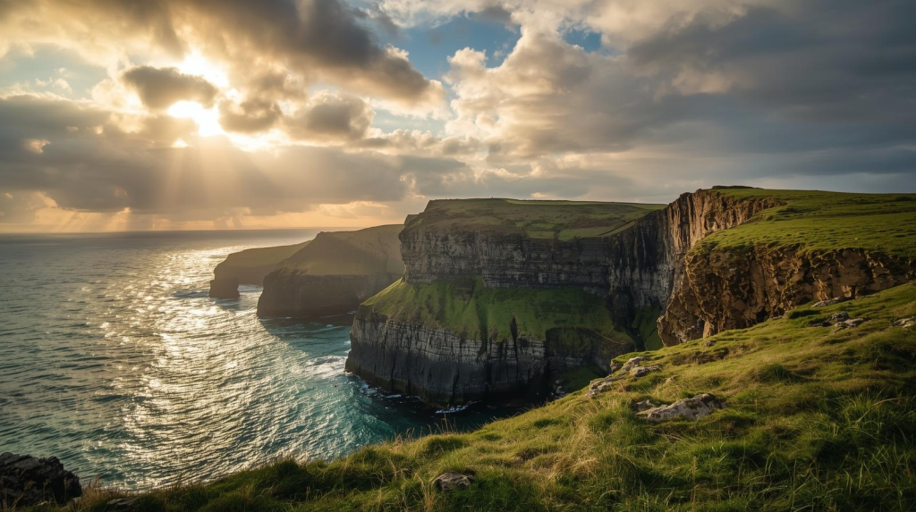 Sunlight over Irish coastline once home to Vikings in Ireland.