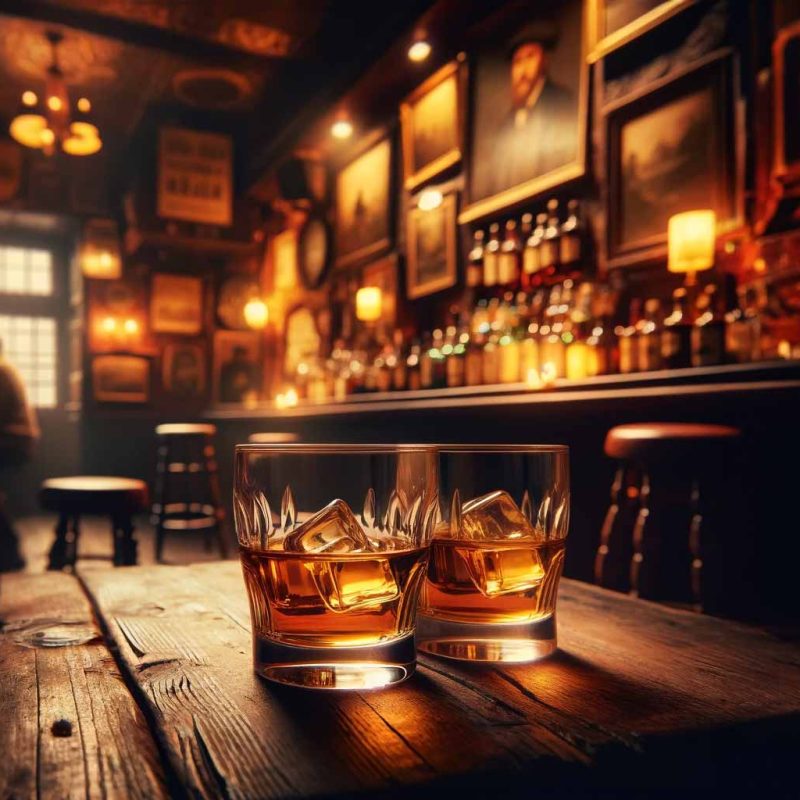 Two glasses of whiskey in a dimly lit bar
