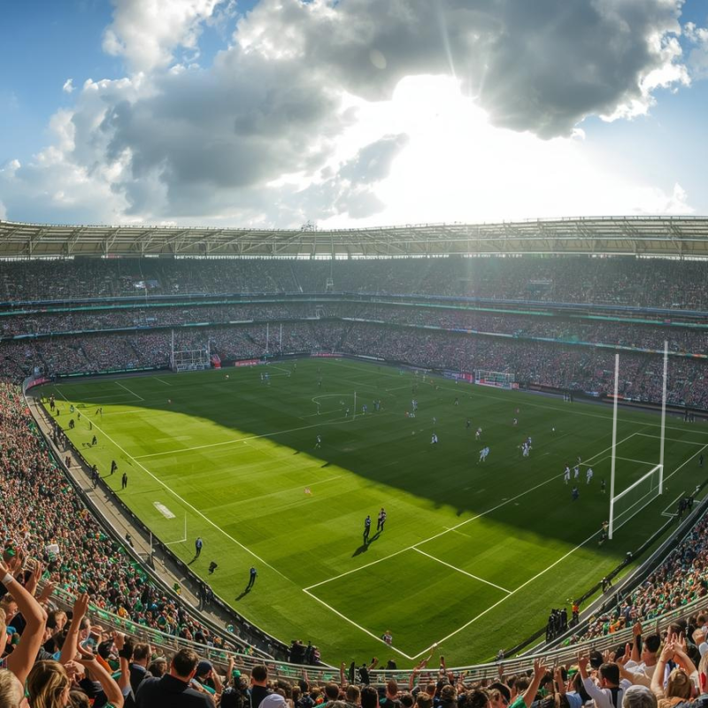 Crowd cheering at Croke Park during a Gaelic football match for an Irish sports guide.