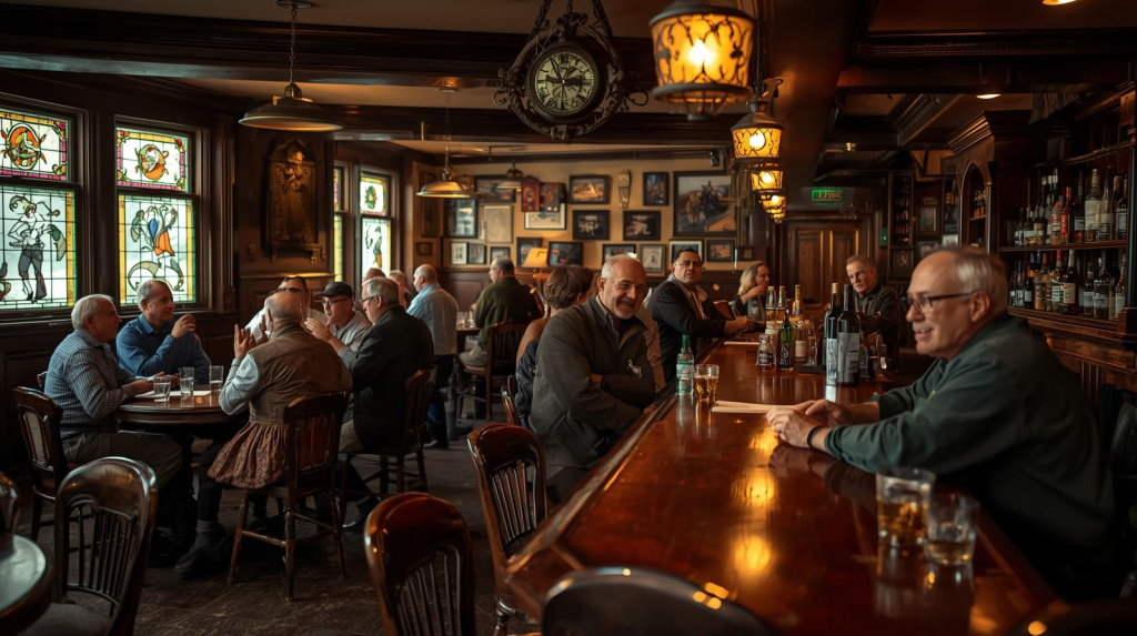 Locals sharing stories and pints in a traditional Irish pub, representing Irish pub culture.
