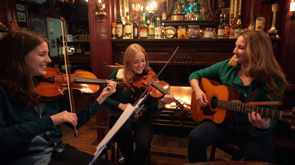 Irish musicians playing during a trad session for an Irish pub culture blog.