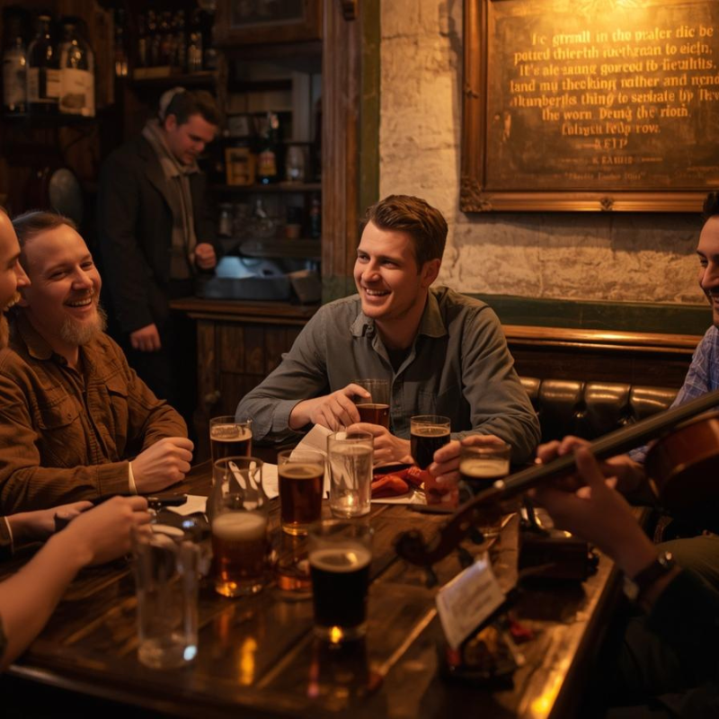 Traditional Irish pub with music, storytelling, and Guinness representing Irish pub culture.
