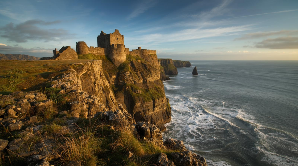 Dunluce Castle ruins overlooking the sea on the Causeway Coastal Route during Ireland road trips.