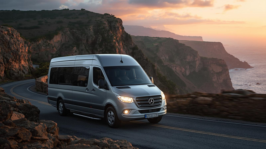 Minibus driving along the Copper Coast in Waterford during Ireland road trips.