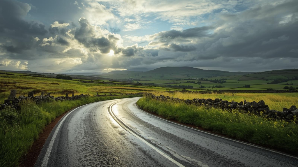 Wet rural road through green countryside representing Ireland road trips.