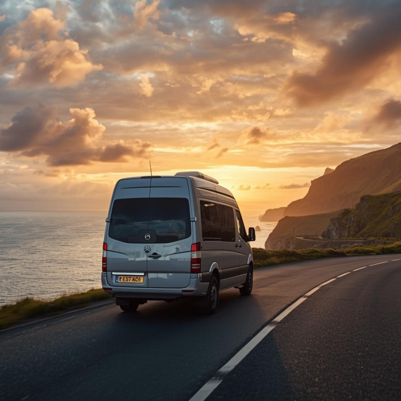 Minibus driving along Ireland’s coastal cliffs on the Wild Atlantic Way, representing Ireland road trips.