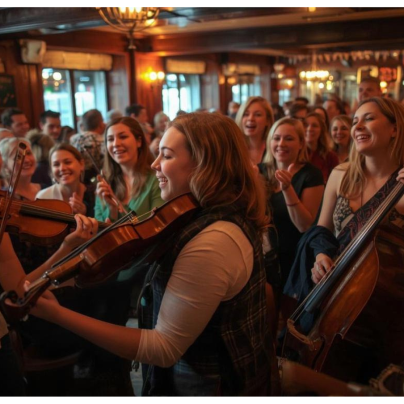 Musicians left to a crowded bar