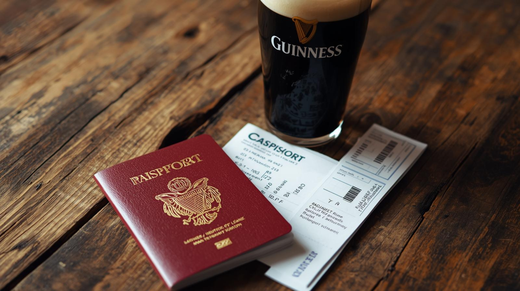 Irish passport and boarding pass ready for travel representing travel documents for Ireland.