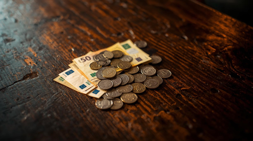 Euro currency on Irish pub counter representing travel documents and essentials for Ireland