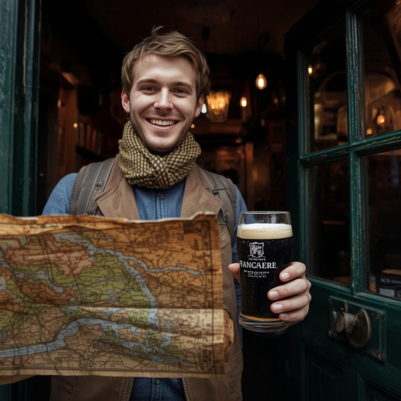 Traveller holding a map and pint outside an Irish pub representing Ireland travel tips.