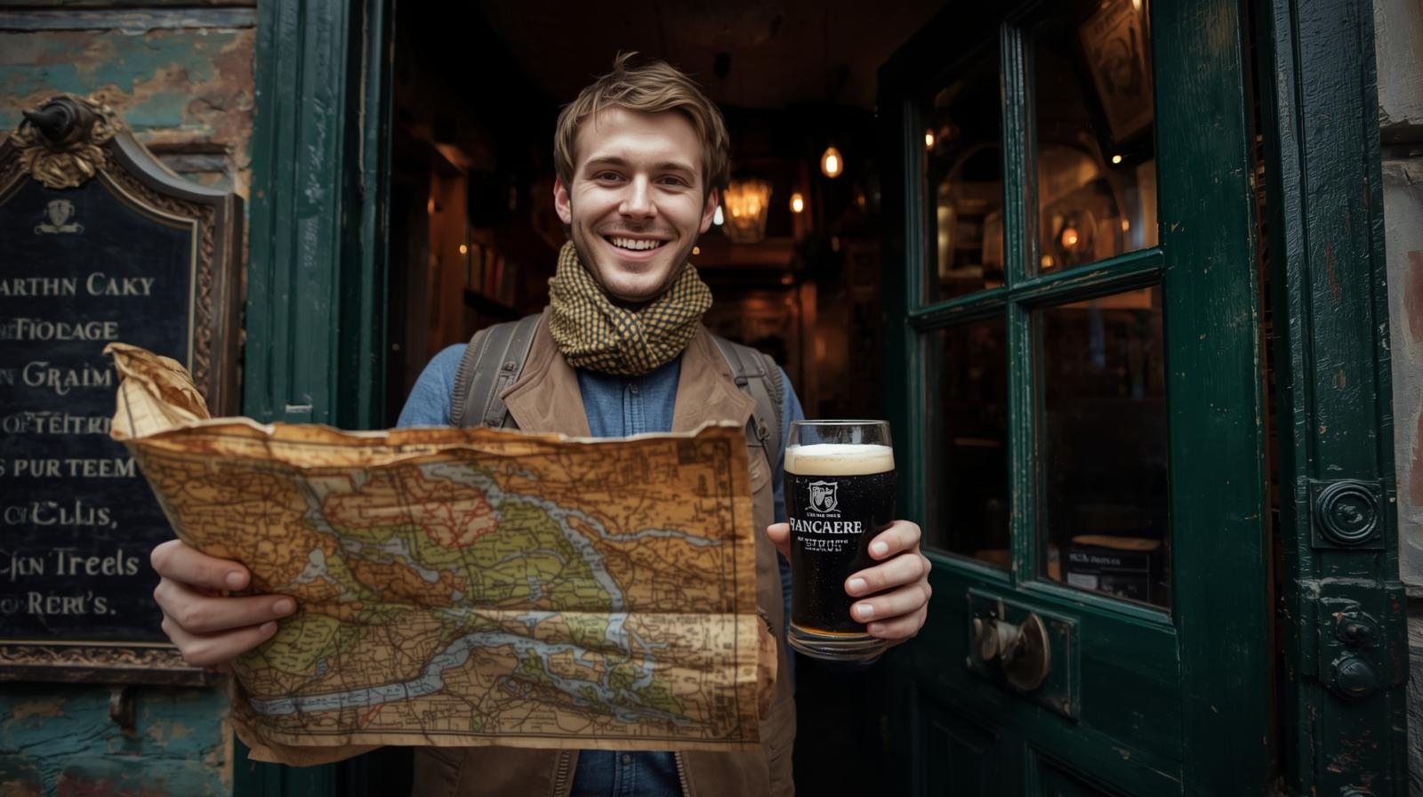 Traveller holding a map and pint outside an Irish pub representing Ireland travel tips.