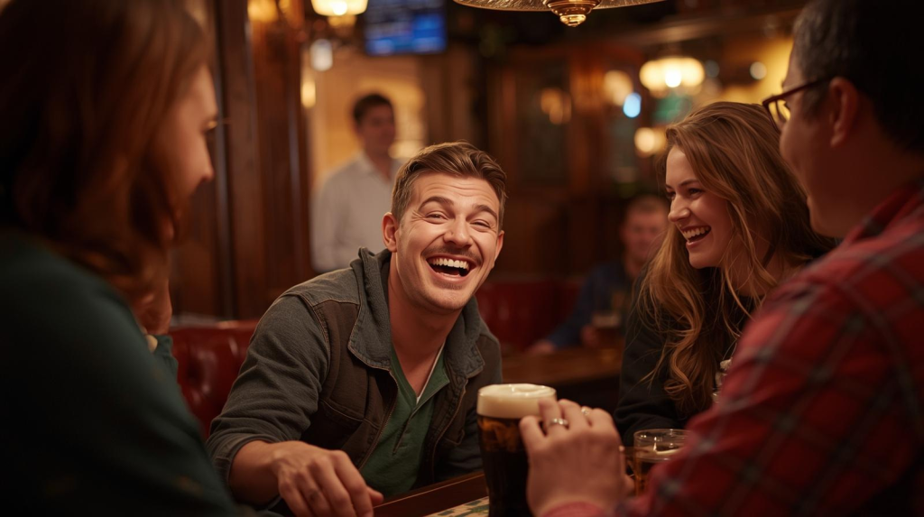 Tourist laughing with locals in Irish pub representing common Ireland travel mistakes.