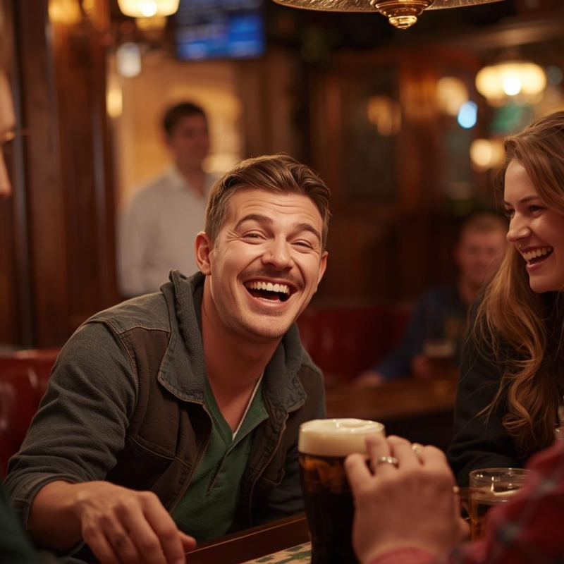 Tourist laughing with locals in Irish pub representing common Ireland travel mistakes.