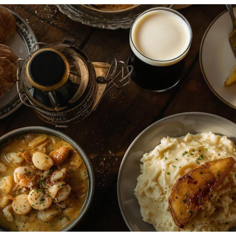 Irish cuisine on a table. Bread, seafood chowder, mashed spuds and apple tart
