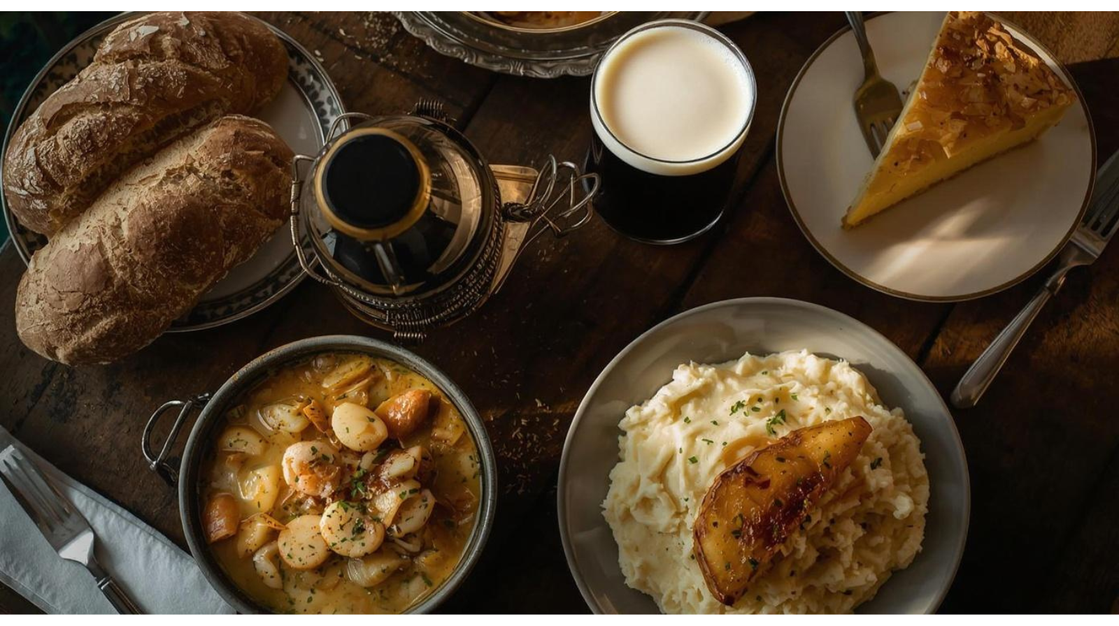 Irish cuisine on a table. Bread, seafood chowder, mashed spuds and apple tart