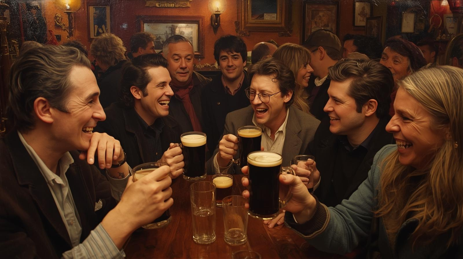 Locals laughing in a Dublin pub representing Irish slang and craic.