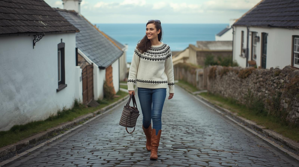Traveller in Aran jumper walking along Irish coast representing what to wear in Ireland.
