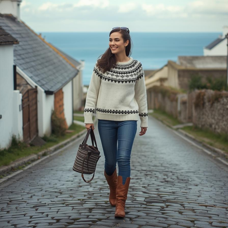 Traveller in Aran jumper walking along Irish coast representing what to wear in Ireland.