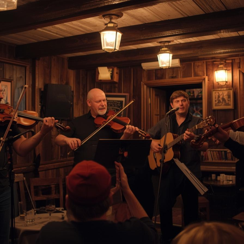 Musicians playing fiddle and flute in Irish pub representing Irish trad sessions.