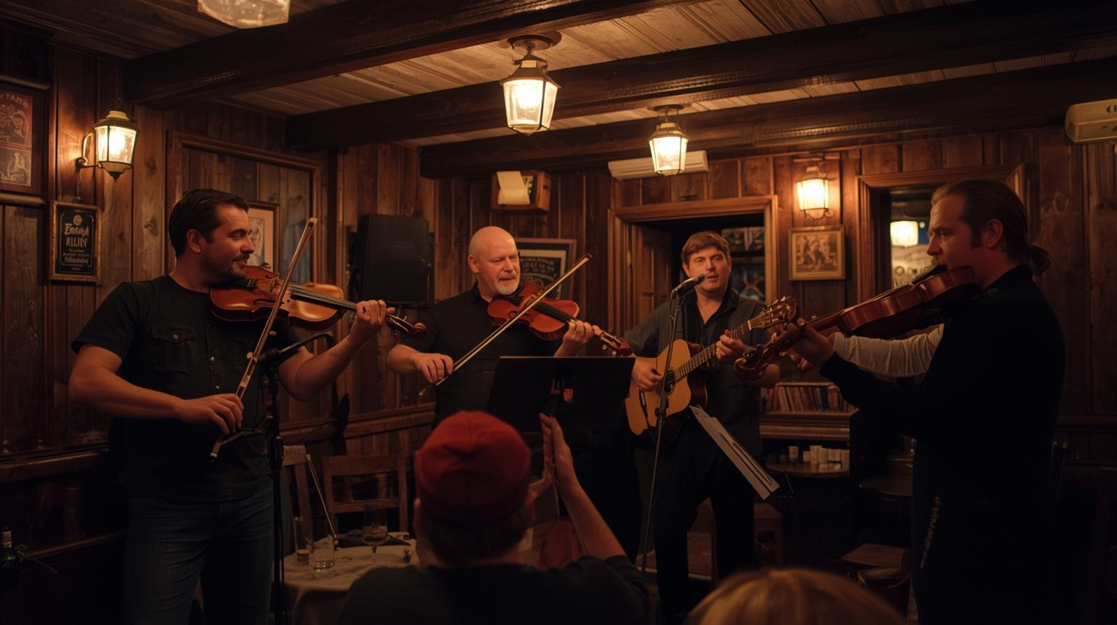 Musicians playing fiddle and flute in Irish pub representing Irish trad sessions.