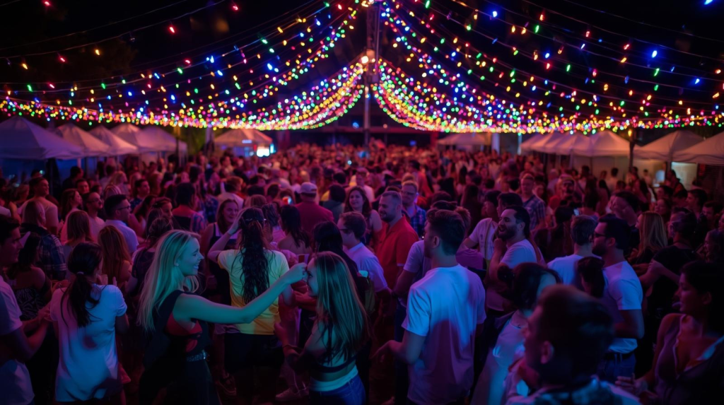 Crowd dancing at outdoor Irish music festival representing Irish music festivals.
