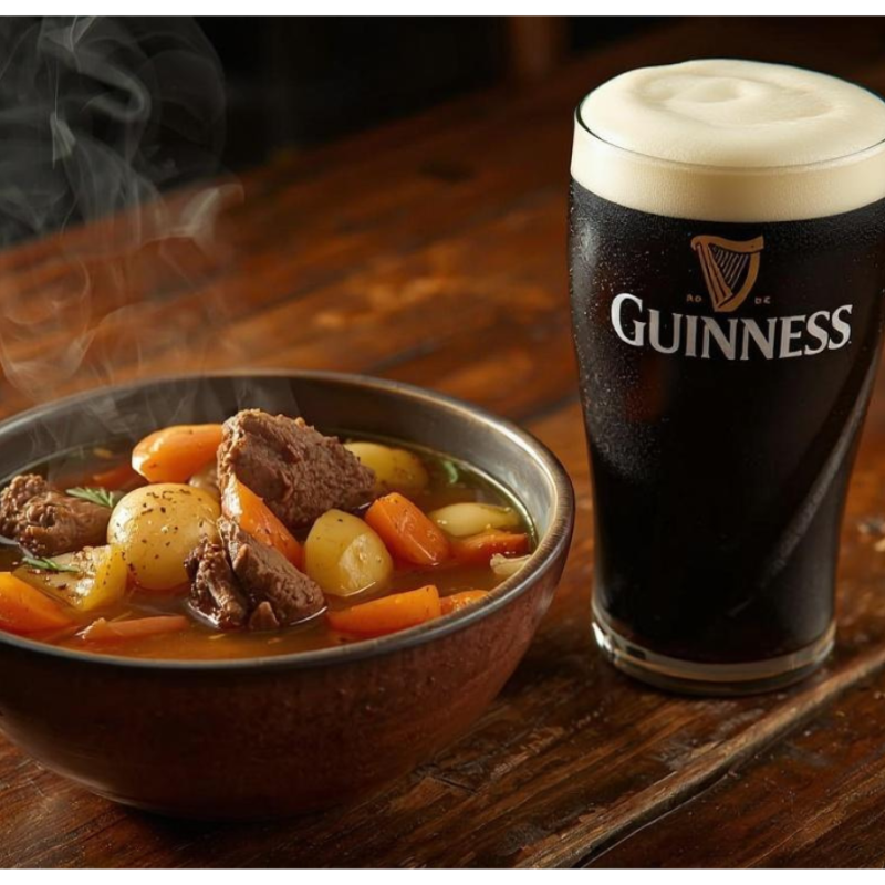 Irish stew and pint of Guinness on wooden pub table representing Irish pub food.