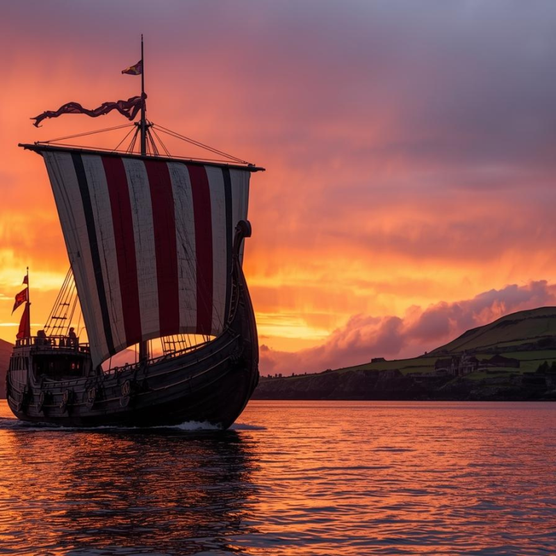 Viking longship on Irish waters representing Vikings in Ireland heritage.