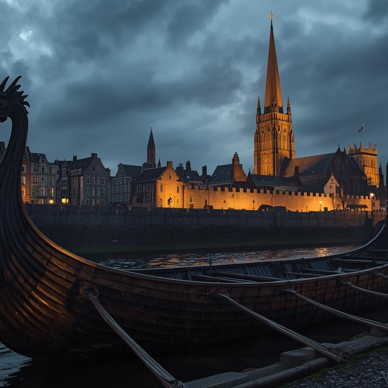 Historic Dublin Viking Quarter with a longship and cathedral, representing Viking history in Ireland.