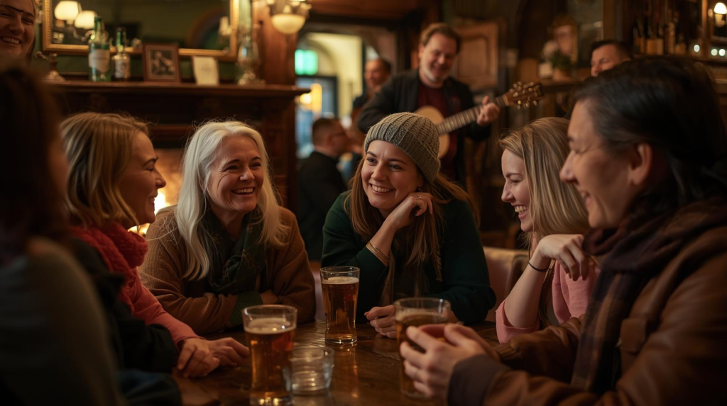 Friends enjoying Irish culture and craic in a traditional Irish pub.