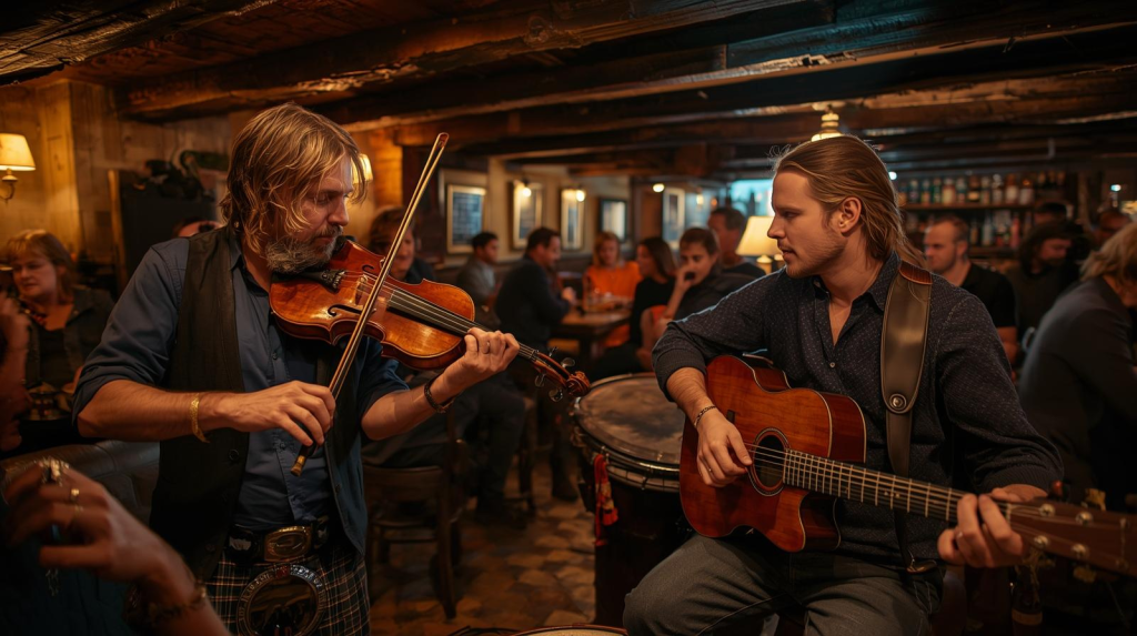Live traditional Irish music session representing Irish culture and craic.