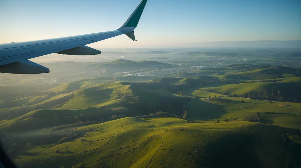Plane arriving over Dublin countryside for a travelling to Ireland guide.