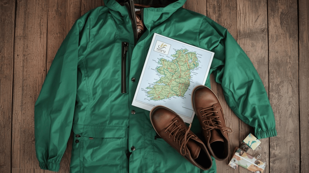 Travel essentials arranged for a travelling to Ireland guide.