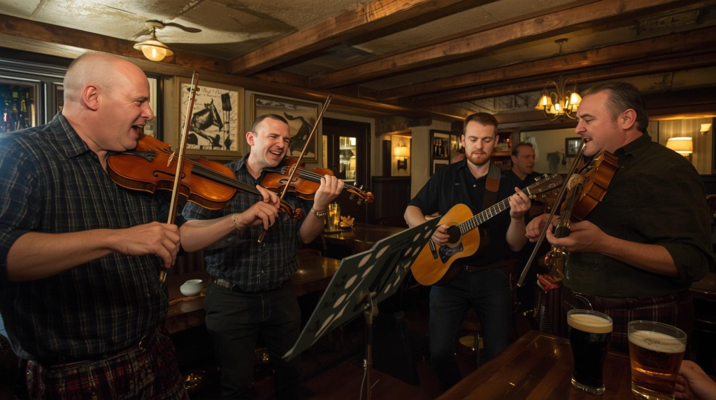Musicians performing traditional tunes in a cozy pub for an Irish music guide.