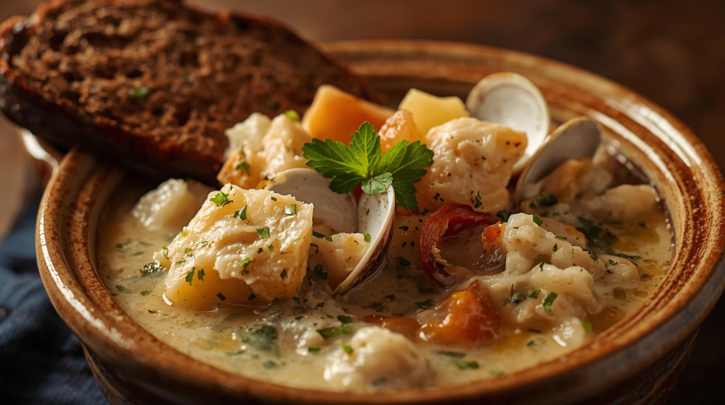 Irish seafood chowder served with soda bread for an Irish food guide.